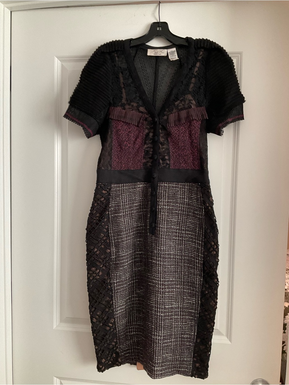 Byron Lars Black and Plum Mixed-Texture Midi Dress